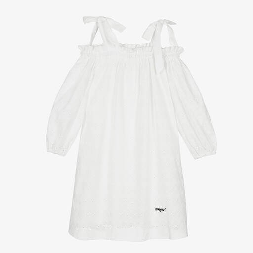 MSGM-فستان تينز بناتي قطن برودوري لون أبيض | Childrensalon Outlet