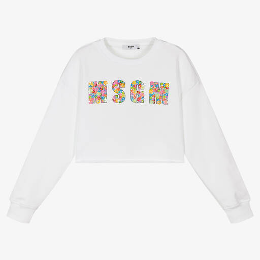 MSGM-سويتشيرت قصير تينز بناتي قطن لون أبيض | Childrensalon Outlet