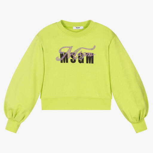 MSGM-سويتشيرت تينز بناتي قطن لون أخضر ليموني | Childrensalon Outlet