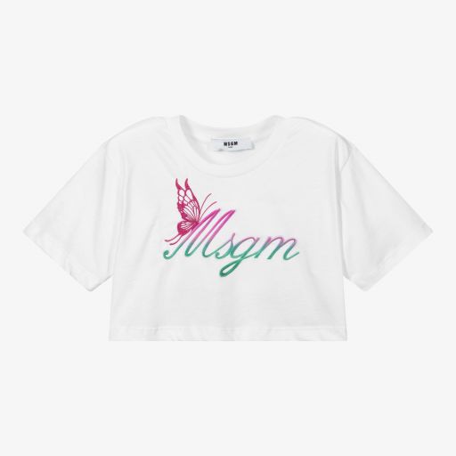 MSGM-White Cropped Logo T-Shirt | Childrensalon Outlet