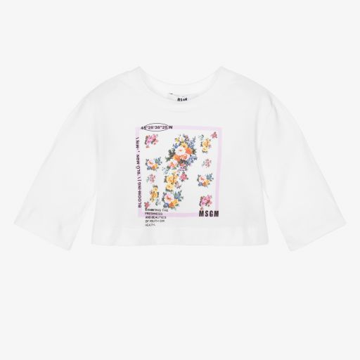 MSGM-White Floral Cropped T-Shirt | Childrensalon Outlet
