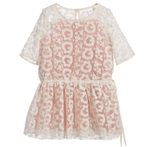 Nanos-Girls Pink Dress with Embroidered Overlay | Childrensalon Outlet