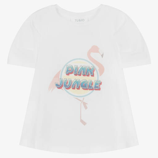 Tu & Io by Naturino-Girls White Cotton Flamingo T-Shirt | Childrensalon Outlet