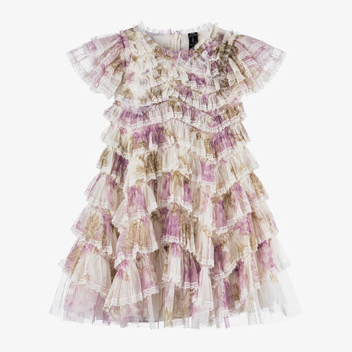 Needle & Thread-فستان تول لون بنفسجي وأخضر مزين بكشكش | Childrensalon Outlet