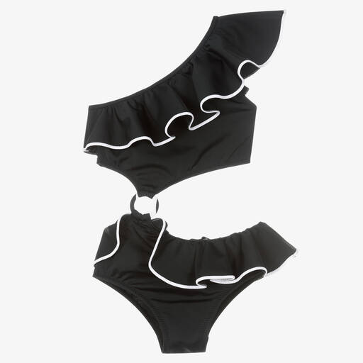 Nessi Byrd-Girls Black Asymmetric Swimsuit (UV50) | Childrensalon Outlet