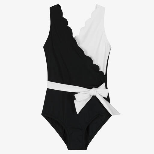 Nessi Byrd-Girls Black & White Scalloped Swimsuit (UV50) | Childrensalon Outlet