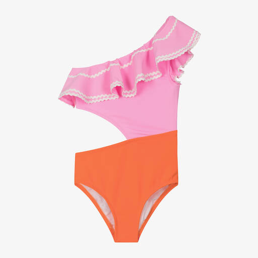 Nessi Byrd-Girls Pink & Orange Asymmetric Swimsuit (UV50) | Childrensalon Outlet