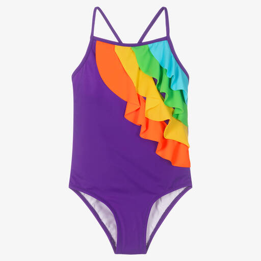 Nessi Byrd-Girls Purple Frill Swimsuit (UV50) | Childrensalon Outlet