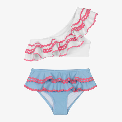 Nessi Byrd-Girls White & Blue Ruffle Bikini (UV50) | Childrensalon Outlet