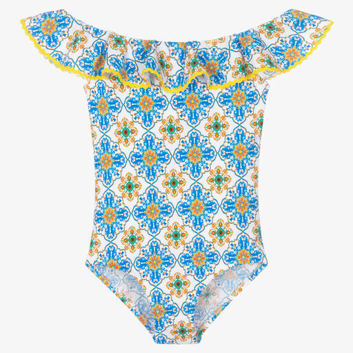 Nessi Byrd-Girls White & Blue Swimsuit (UV50) | Childrensalon Outlet