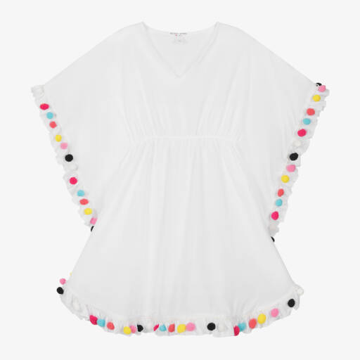 Nessi Byrd-Girls White Cotton Pom-Pom Kaftan | Childrensalon Outlet
