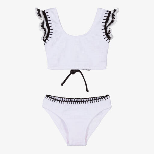 Nessi Byrd-Girls White Crochet Frill Bikini (UV50) | Childrensalon Outlet