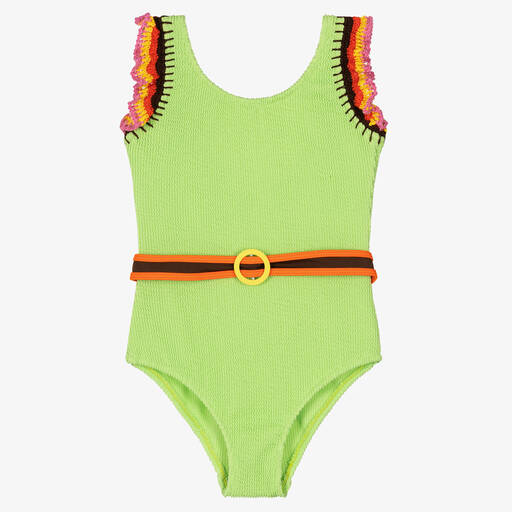 Nessi Byrd-Teen Girls Green Crochet Trim Swimsuit (UV50) | Childrensalon Outlet