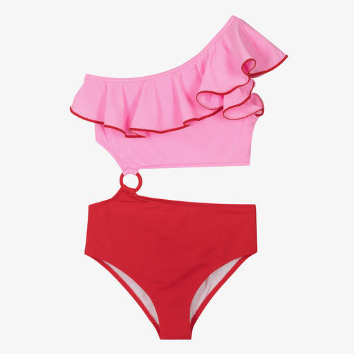 Nessi Byrd-Teen Girls Pink & Red Asymmetric Swimsuit (UV50) | Childrensalon Outlet