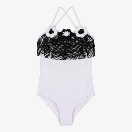 Nessi Byrd-Teen Girls White & Black Mesh Swimsuit (UV50) | Childrensalon Outlet