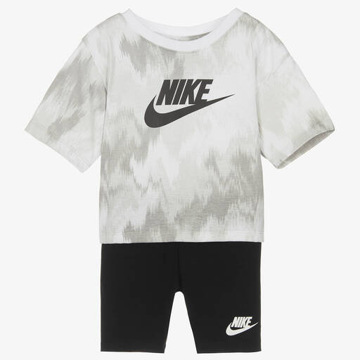 Nike-Girls Grey & Black Cotton Shorts Set | Childrensalon Outlet