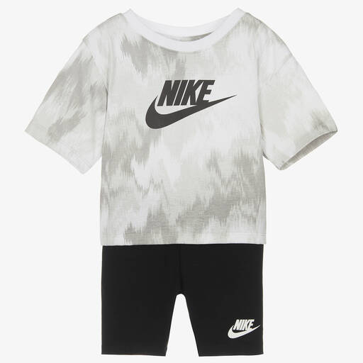 Nike-طقم شورت قطن جيرسي لون رمادي وأسود للبنات | Childrensalon Outlet