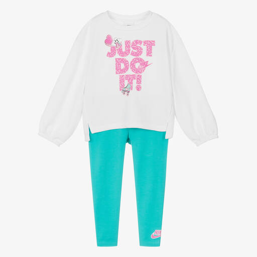 Nike-Girls White & Green Cotton Leggings Set | Childrensalon Outlet