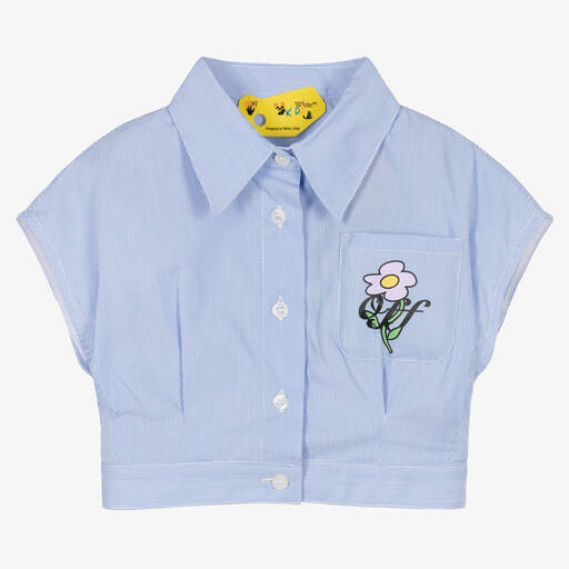 Off-White-Girls Blue Stripe Floral Logo Crop Shirt | Childrensalon Outlet
