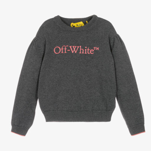 Off-White-بلوفر قطن وصوف لون رمادي للبنات | Childrensalon Outlet