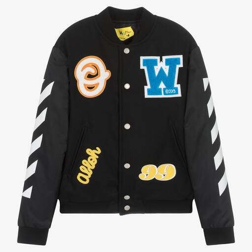 Off-White-Teen Boys Black Wool Varsity Diagonals Jacket | Childrensalon Outlet