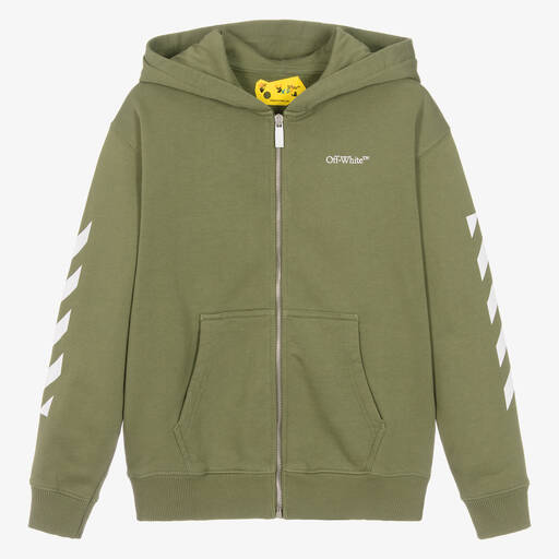 Off-White-Teen Boys Green Cotton Zip-Up Hoodie | Childrensalon Outlet