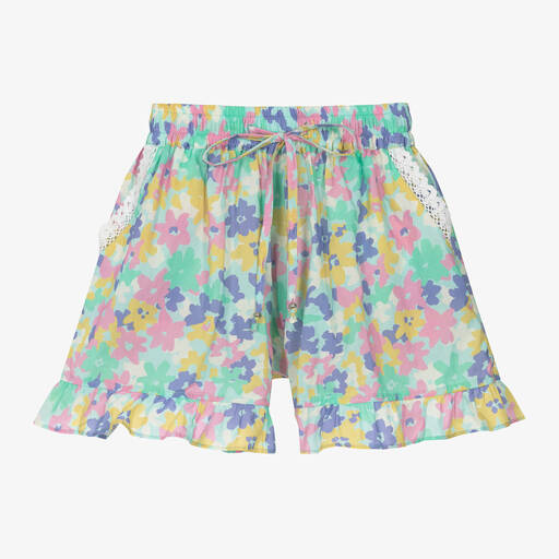 Olga Valentine-Girls Blue Floral Print Cotton Shorts  | Childrensalon Outlet