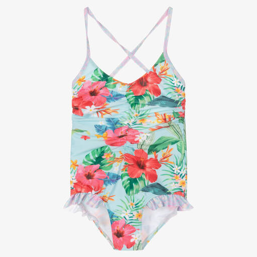 Olga Valentine-Girls Blue Floral Swimsuit (UPF50+) | Childrensalon Outlet