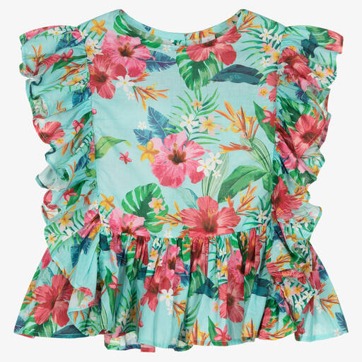 Olga Valentine-Girls Blue & Pink Floral Cotton Blouse | Childrensalon Outlet