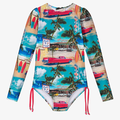 Olga Valentine-Girls Blue & Red Cadillac Swimsuit (UPF50+) | Childrensalon Outlet