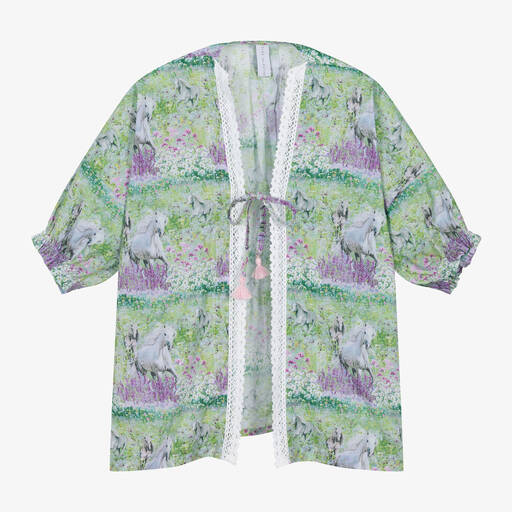 Olga Valentine-Girls Green Horse Print Cotton Kimono  | Childrensalon Outlet
