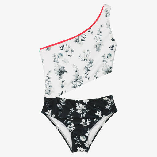 Olga Valentine-Girls White & Black Floral Swimsuit (UPF50+) | Childrensalon Outlet