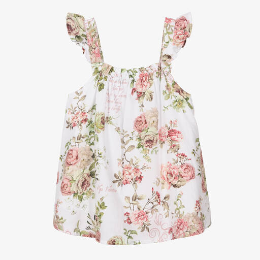 Olga Valentine-Girls White Cotton Floral Print Top | Childrensalon Outlet