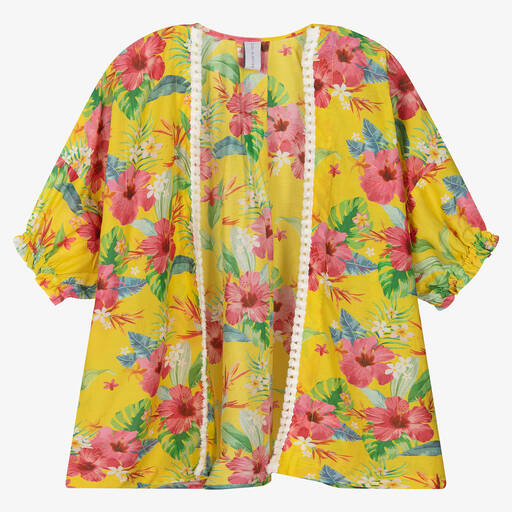Olga Valentine-Girls Yellow Silk & Cotton Floral Kimono | Childrensalon Outlet