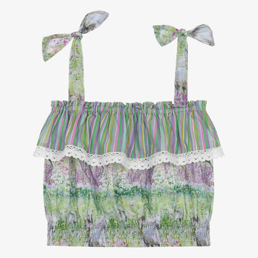 Olga Valentine-Teen Girls Green Horse Print Cotton Blouse  | Childrensalon Outlet