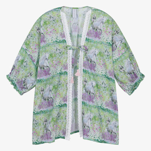Olga Valentine-Teen Girls Green Horse Print Cotton Kimono | Childrensalon Outlet
