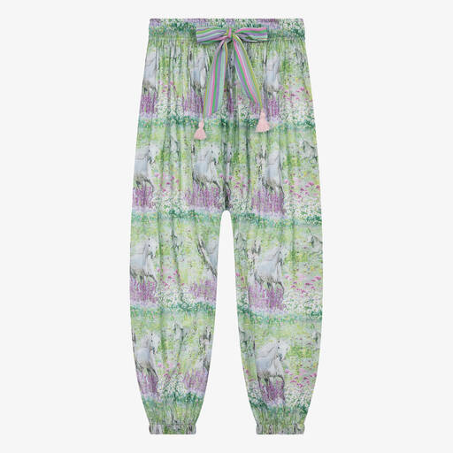 Olga Valentine-Teen Girls Green Horse Print Cotton Trousers | Childrensalon Outlet