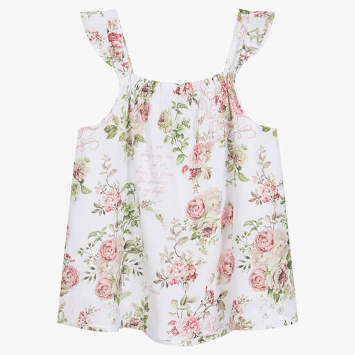 Olga Valentine-Teen Girls White Cotton Floral Top  | Childrensalon Outlet
