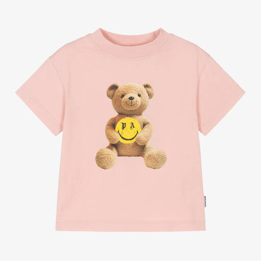 Palm Angels-Розовая хлопковая футболка с медвежонком и смайлом | Childrensalon Outlet
