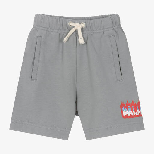 Palm Angels-Grey Organic Cotton Flame Print Shorts | Childrensalon Outlet