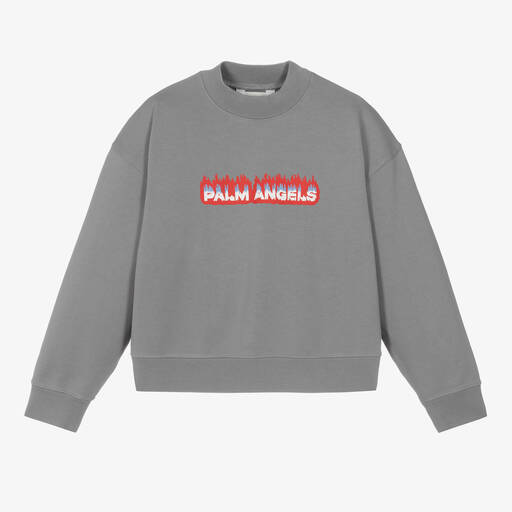 Palm Angels-Серый хлопковый свитшот с пламенем для подростков | Childrensalon Outlet