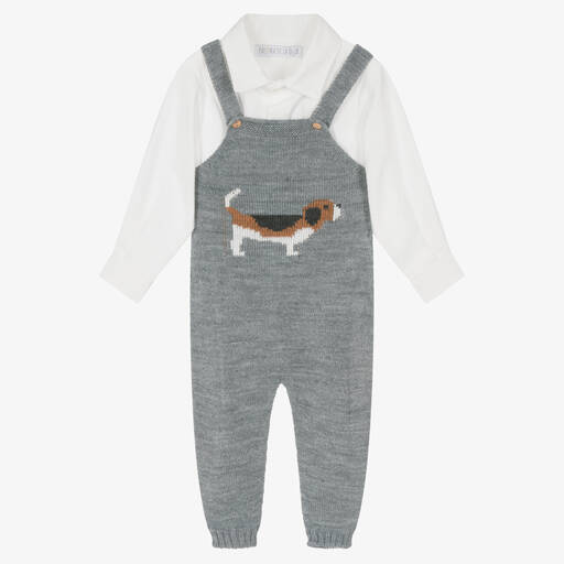 Paloma de la O-Baby Boys Ivory & Grey Knit Dungaree Set | Childrensalon Outlet