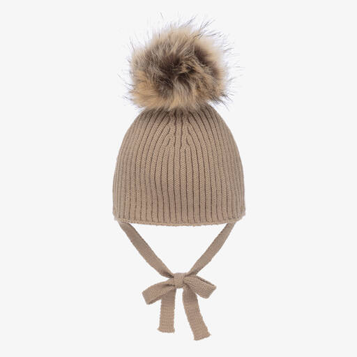 Paloma de la O-Bonnet beige en maille à pompon | Childrensalon Outlet