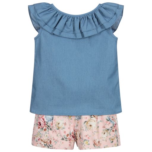 Paloma de la O-Ensemble blouse bleue et short rose | Childrensalon Outlet