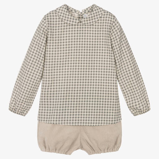 Paloma de la O-طقم شورت قطن كاروهات لون بيج | Childrensalon Outlet