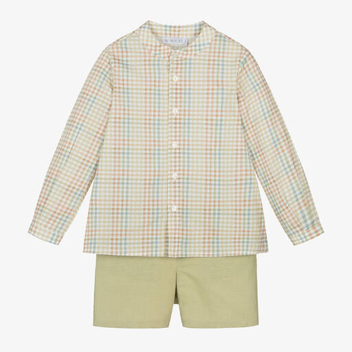 Paloma de la O-طقم شورت وقميص قطن وكتان كاروهات لون أخضر | Childrensalon Outlet