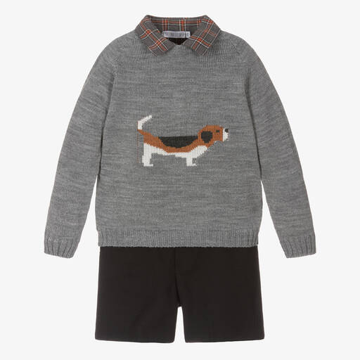 Paloma de la O-Boys Grey & Black Cotton Shorts Set | Childrensalon Outlet