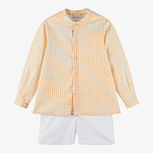 Paloma de la O-طقم شورت وقميص قطن وكتان لون برتقالي وأبيض | Childrensalon Outlet
