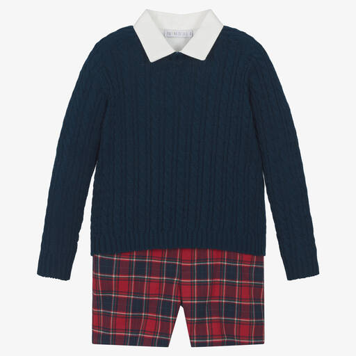 Paloma de la O-Boys Red & Blue Tartan Shorts Set | Childrensalon Outlet