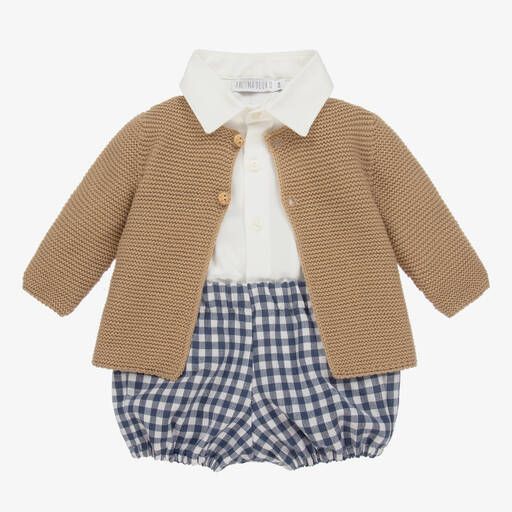 Paloma de la O-Girls Beige & Blue Check Shorts Set | Childrensalon Outlet
